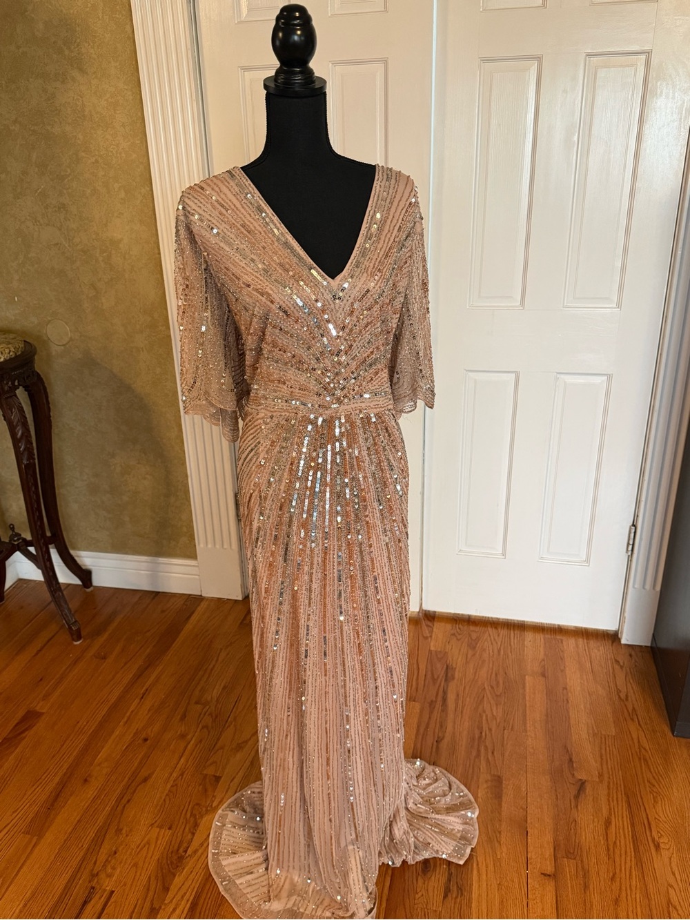 Mac Duggal Blush Sequin Maxi Dress with V-Neck and Cape Sleeves - Picture 6 of 7